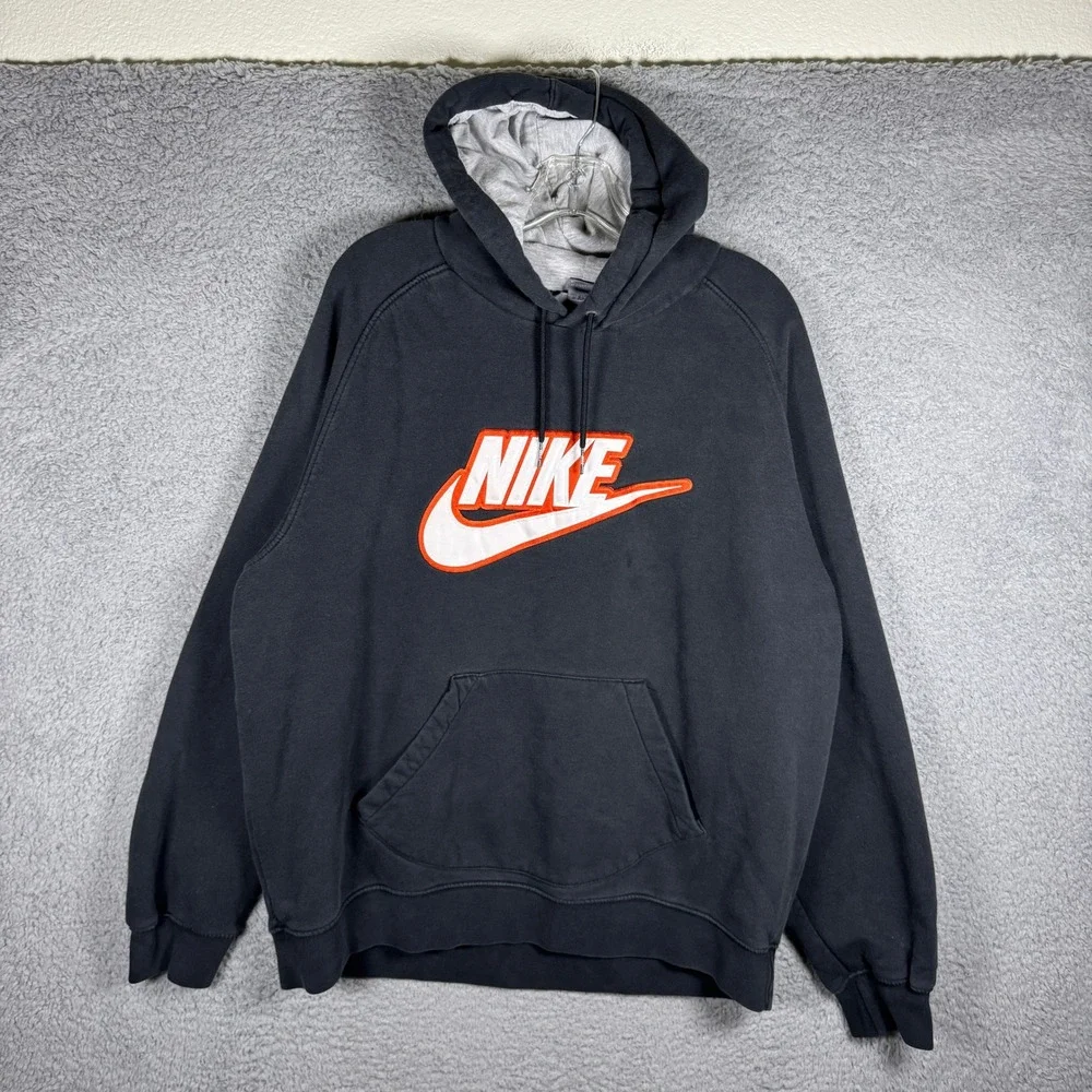 Y2K Nike Mens XL Black Center Swoosh Pullover Hoodie Orange White Logo Raglan